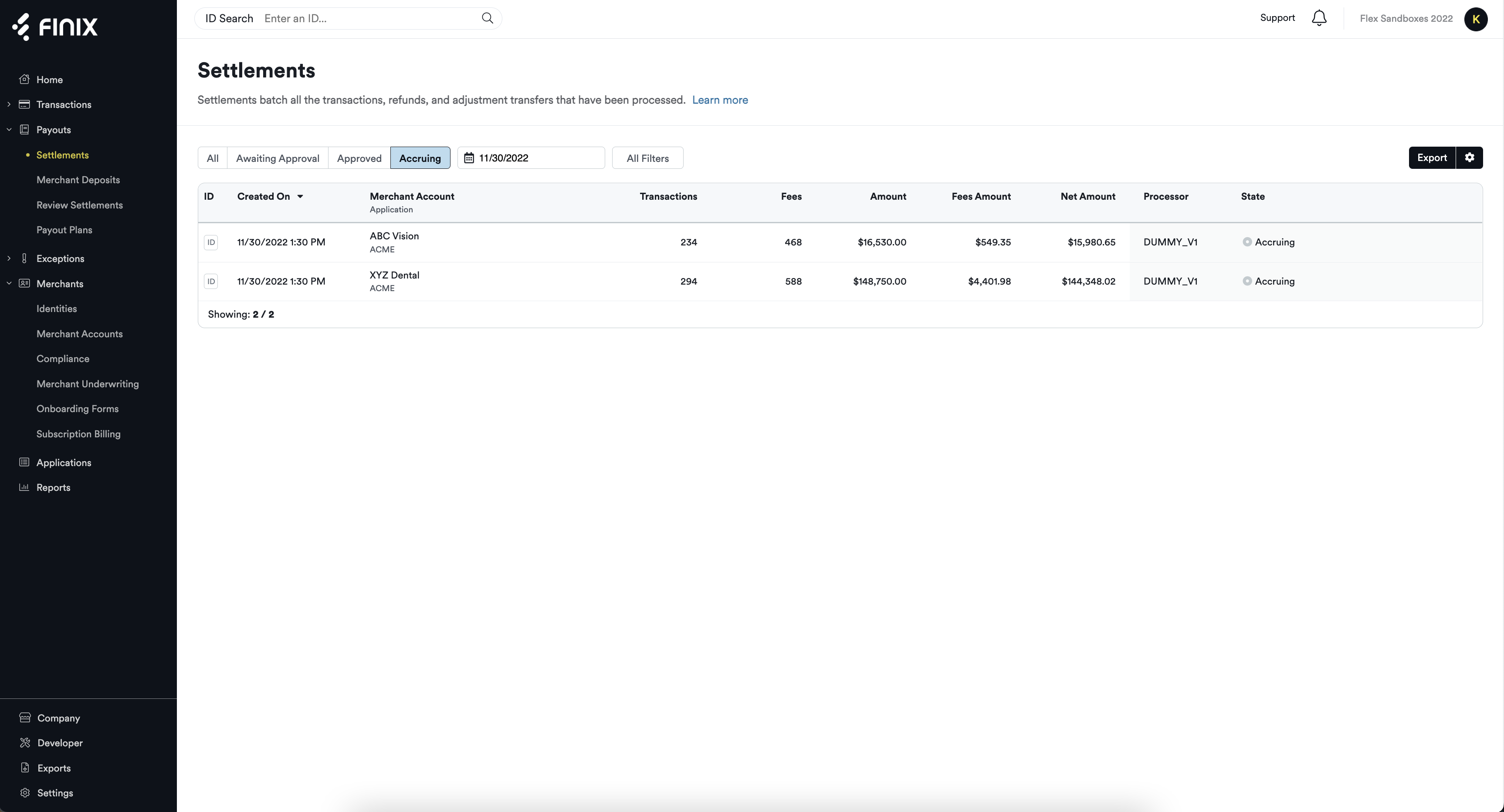 Accruing Settlements - Finix Dashboard