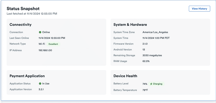 Device snapshot showing connectivity, system, payment, and health information