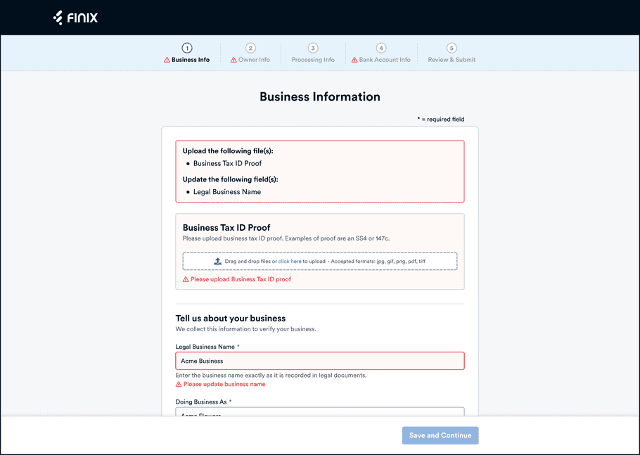 Merchant Update Requests Business Info Page