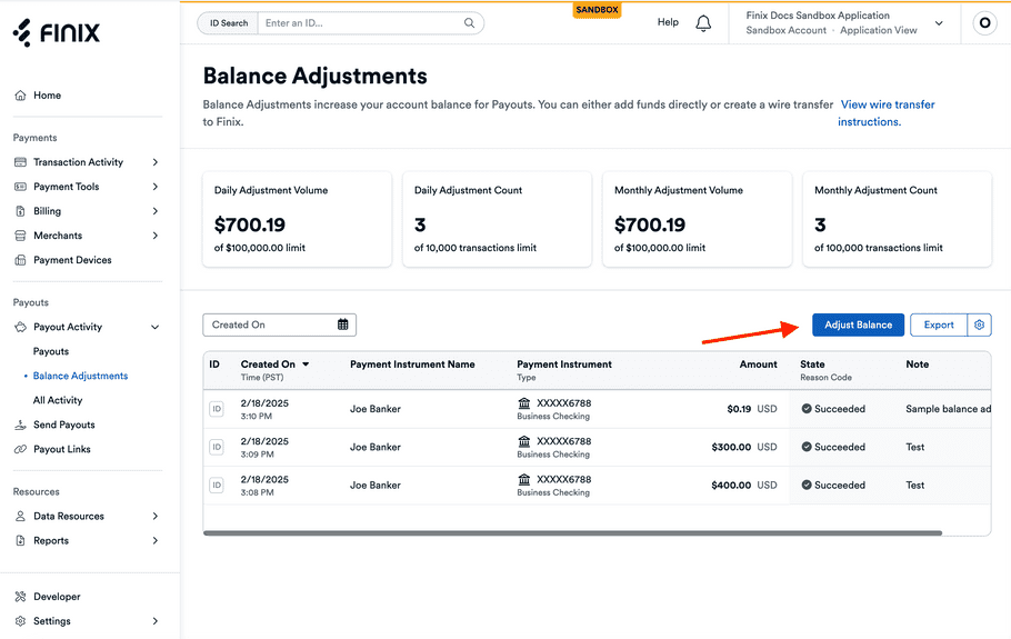 Create Top-Up Finix Dashboard